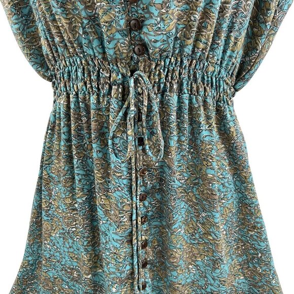 Luck Star Ibiza 100% Silk High Low Button Up Midi Dress Ruffled Hem Unique Print - Picture 7 of 16